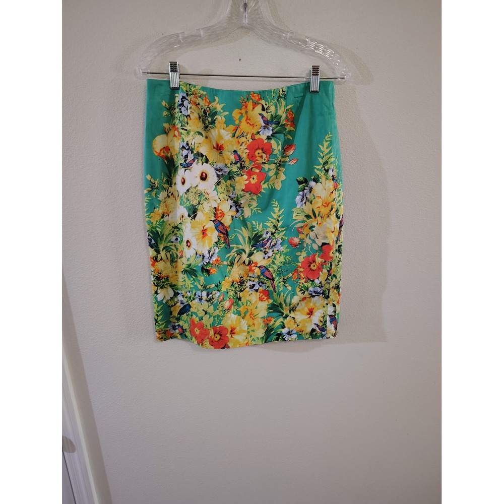 Eric Signature Womens Floral Pencil Skirt Teal Green Tropical Bird Print Size 8